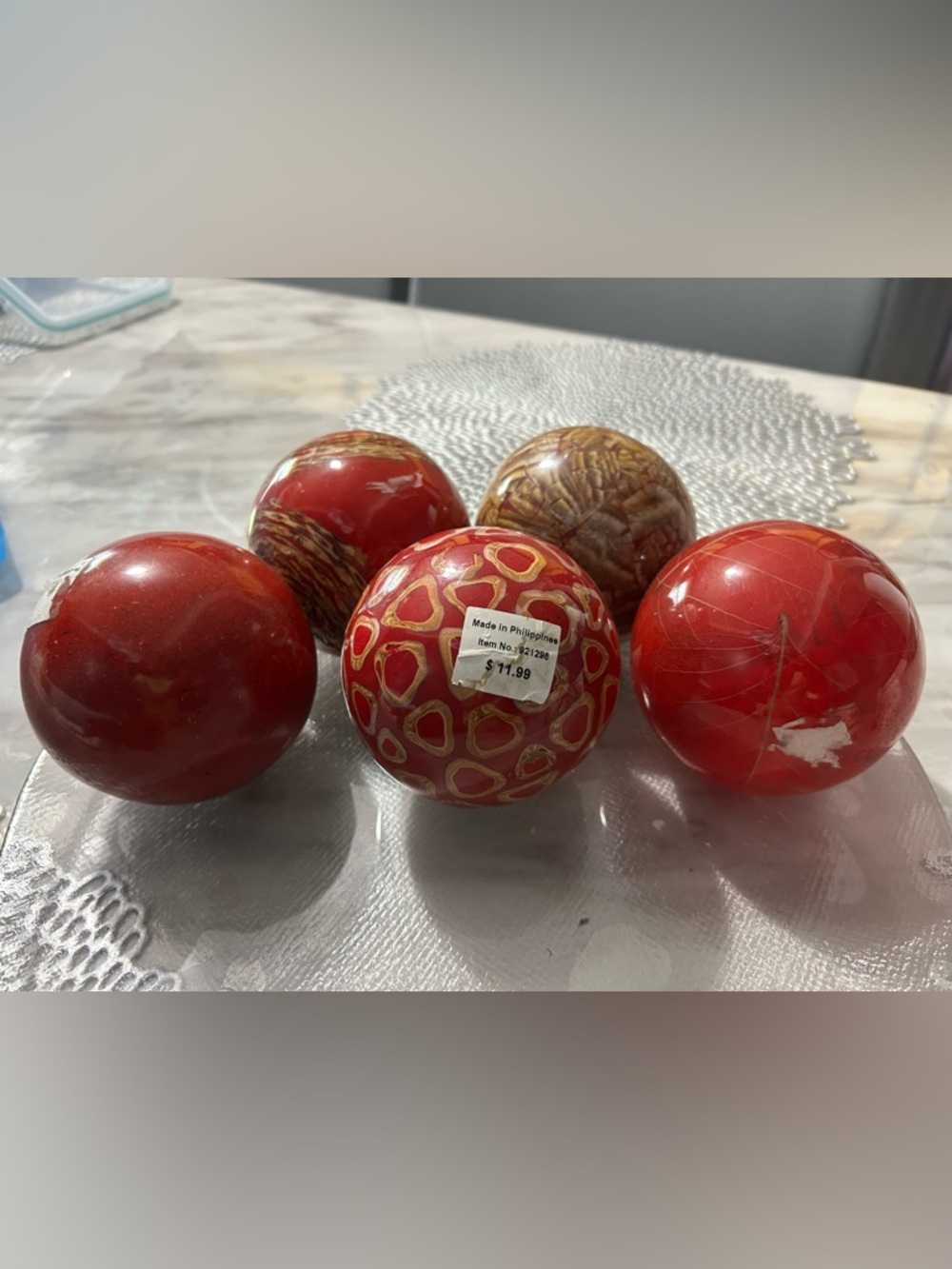 Set of Decorative Red and Brown Marble Spheres